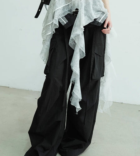 High Waist Black Double Layer Pocket Pleated Long Wide Leg Pants New Trousers Women Fashion Spring Autumn 2025 1DJ0691