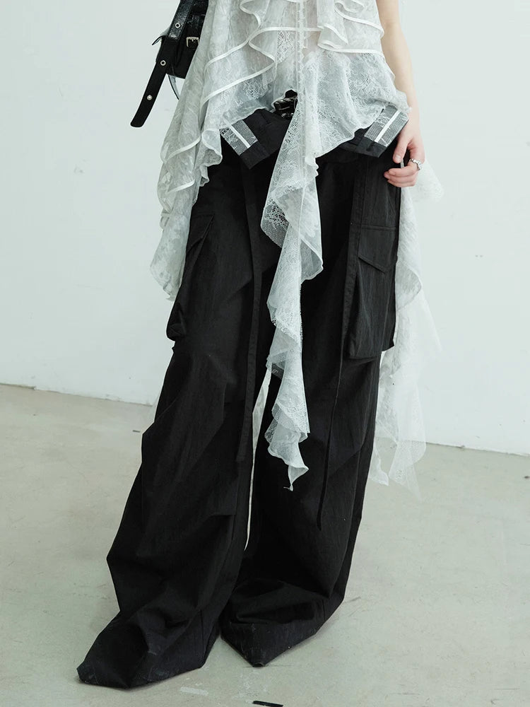 High Waist Black Double Layer Pocket Pleated Long Wide Leg Pants New Trousers Women Fashion Spring Autumn 2025 1DJ0691