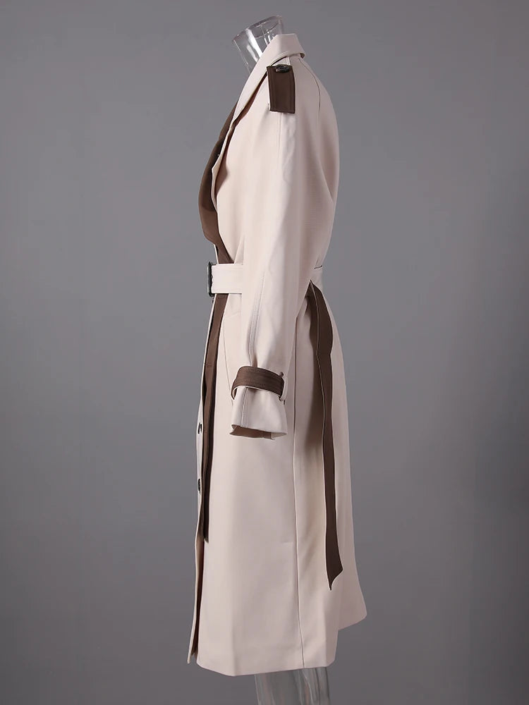 Women Beige Color-block Big Size Long Trench New Lapel Long Sleeve Windbreaker Fashion Tide Spring Autumn 2025 2DA7020