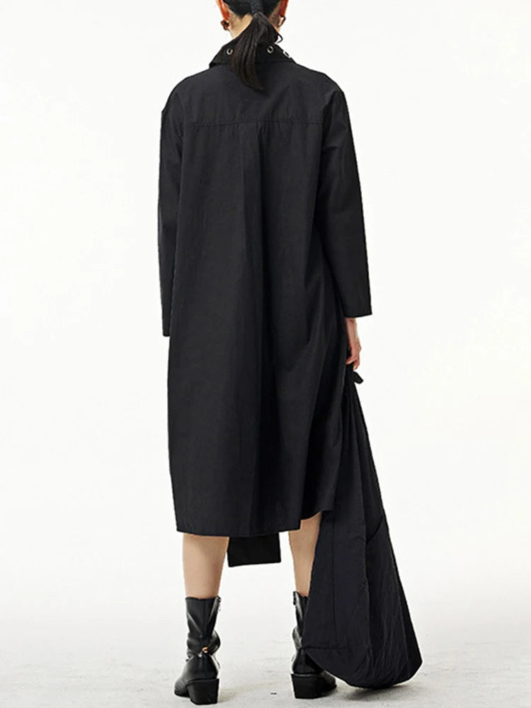 Women Black Metal Circle Irregular Hem Big Size Shirt Dress New Lapel Long Sleeve Fashion Tide Spring Autumn 2025 1DJ0883