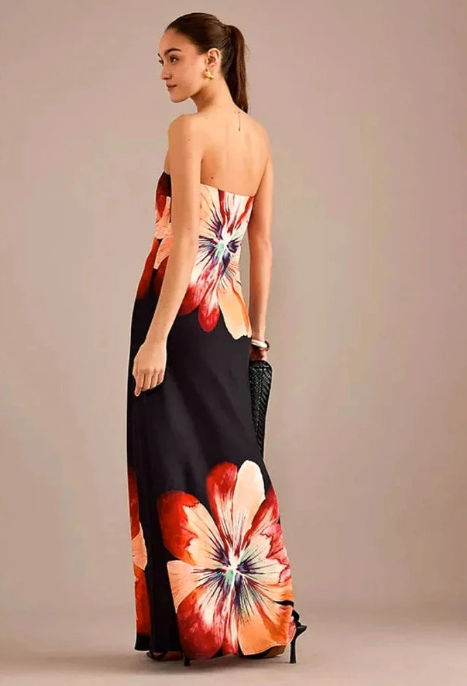 Flower Print Strapless Long Dresses Summer 2024 Woman Elegant Sexy Beach Party Dress Vacation Outfits C85-BI23