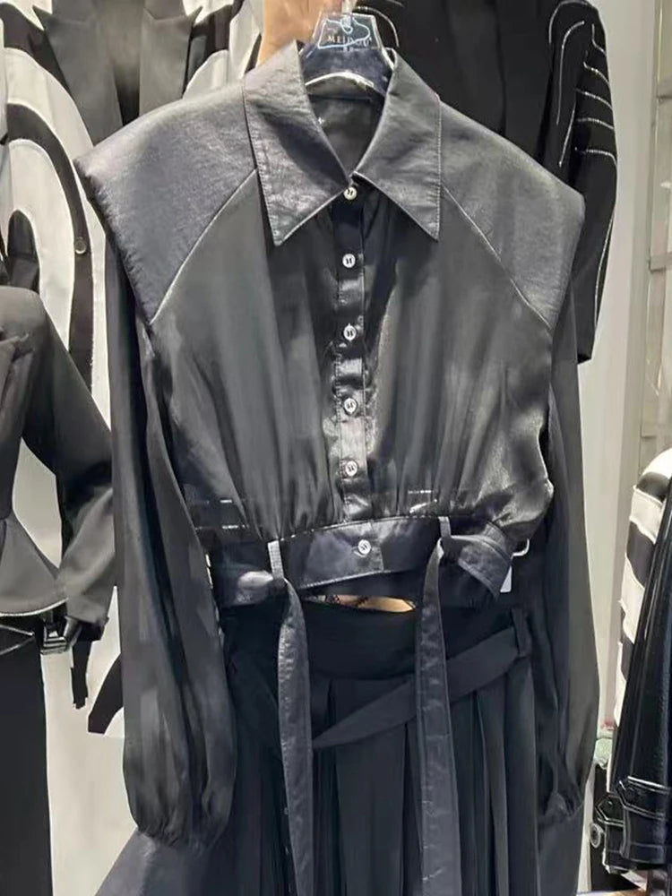 Solid Spliced Button Two Piece Set Dor Women Lapel Long Sleeve Top High Waist Loose Skirt Sets Female Fashion New