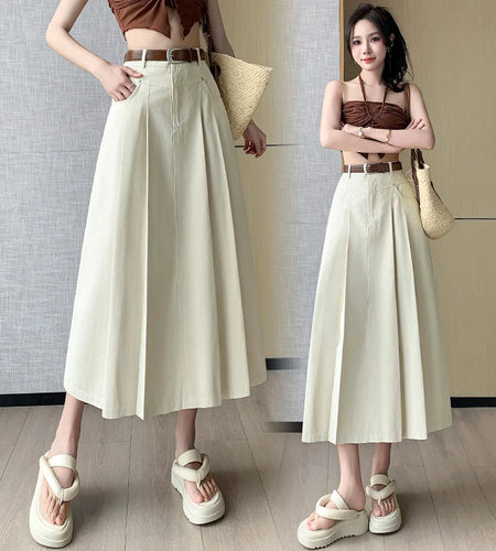 Black Beige Denim Long Skirt For Women 2024 Spring Summer New Brown High Waist Pleated A-line Umbrella Jean Skirts Office Lady