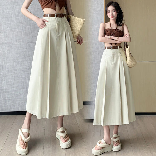 Load image into Gallery viewer, Black Beige Denim Long Skirt For Women 2024 Spring Summer New Brown High Waist Pleated A-line Umbrella Jean Skirts Office Lady
