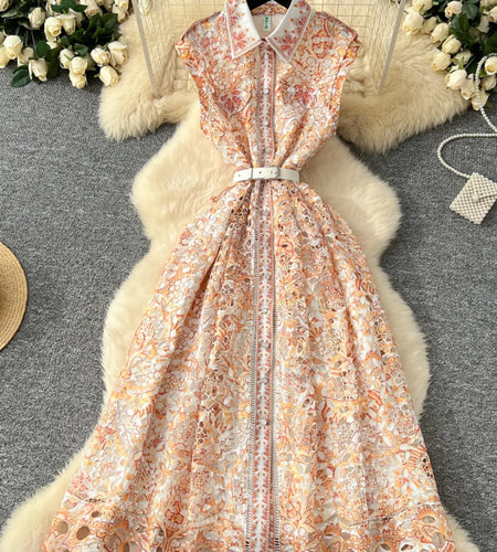 French Women's Orange Blue Crochet Flower Elegant Sleeveless Hollow Out Long Dress Summer Sexy Slim Single Breasted Party Dress