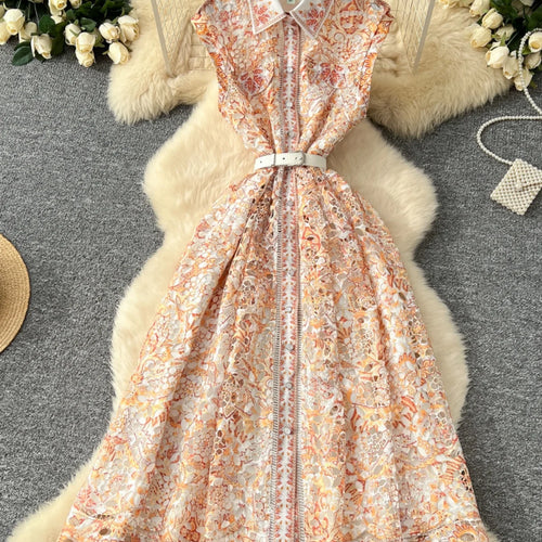 Load image into Gallery viewer, French Women's Orange Blue Crochet Flower Elegant Sleeveless Hollow Out Long Dress Summer Sexy Slim Single Breasted Party Dress
