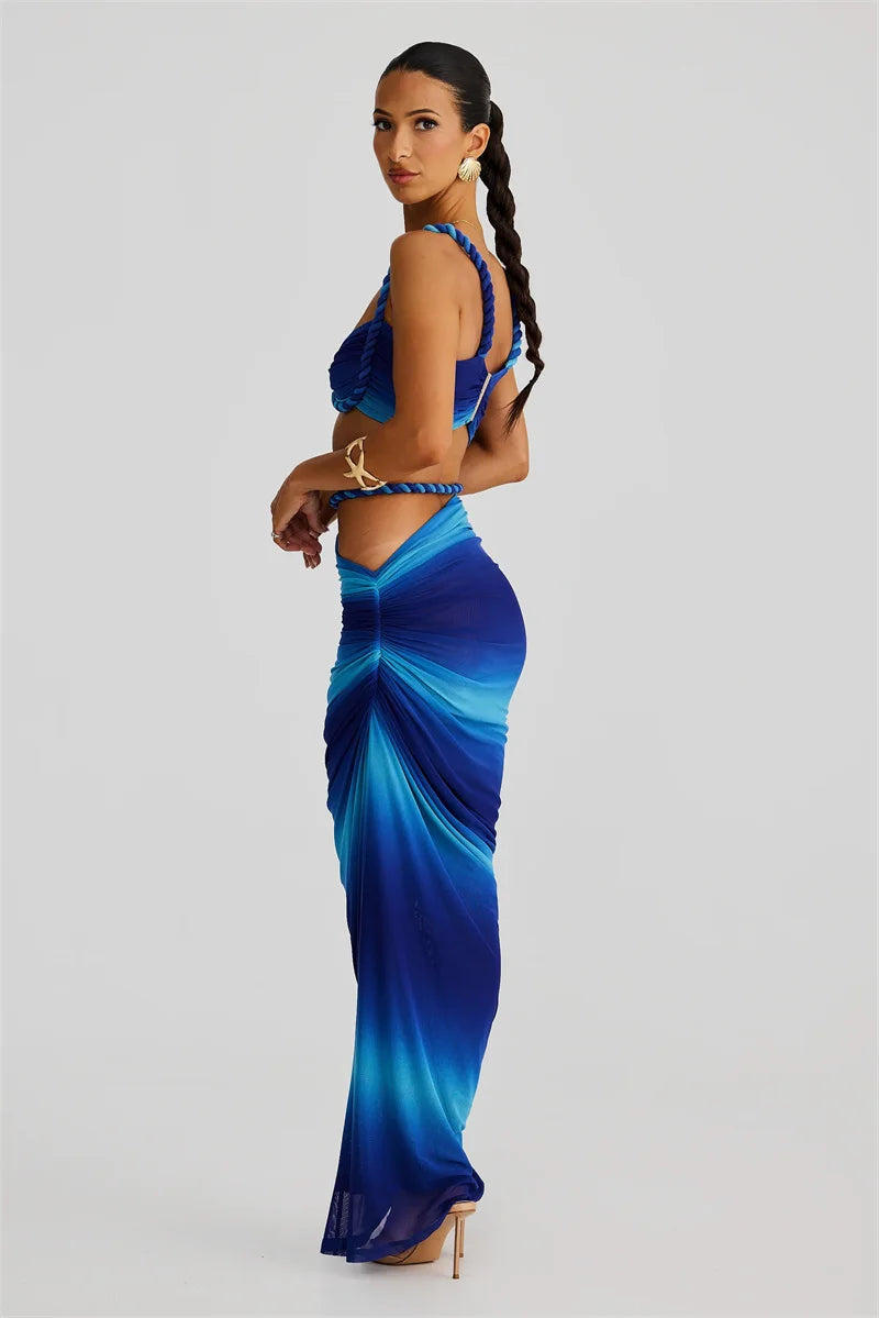 Summer Beach Sexy Two Piece Sets Women Strapless Crop Tops And Maxi Skirt Female Elegant Vacation Club 2 Piece Set