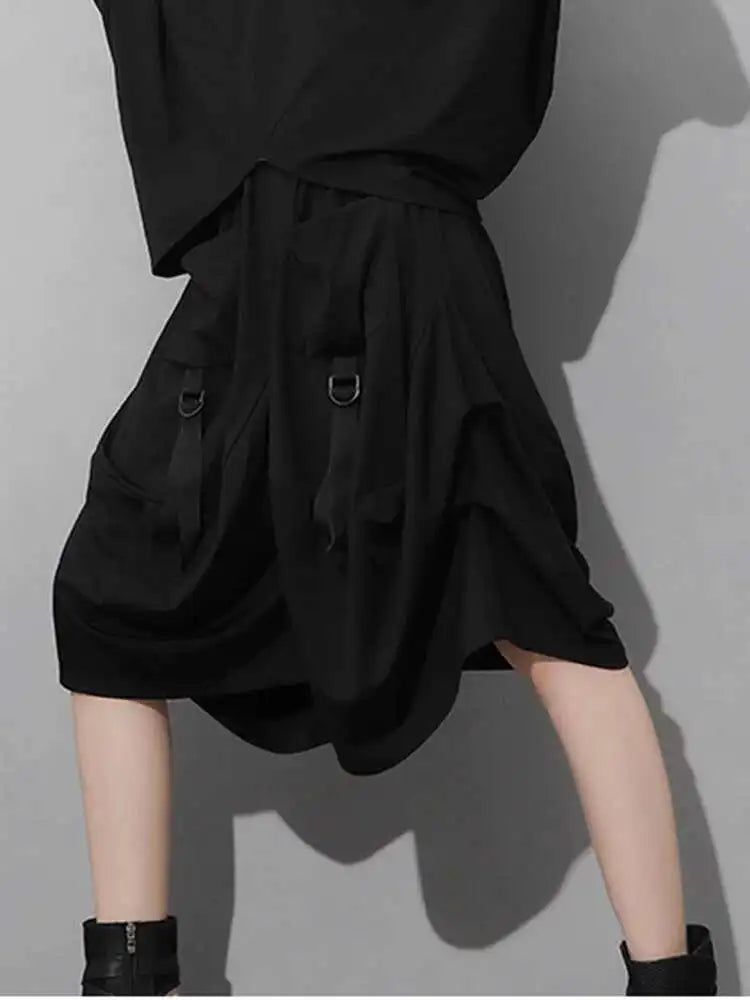 High Elastic Waist Black Pockets Bandage Wide Leg Pants New Loose Fit Trousers Women Fashion Spring Summer 2025 1DF4794