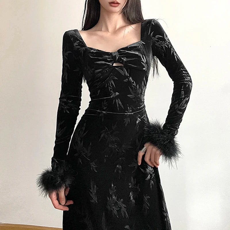 Fashion Elegant Jacquard Winter Dress Velour Faux Fur Trim A-Line Black Party Dress Evening Ladies Clothing Fold Slim