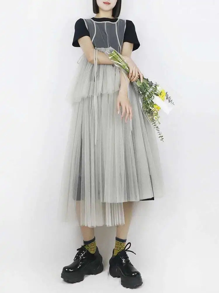 Women Green Mesh Irregular Elegant Dress New Round Neck Sleeveless Loose Fit Fashion Tide Spring Summer 2025 1DF9867