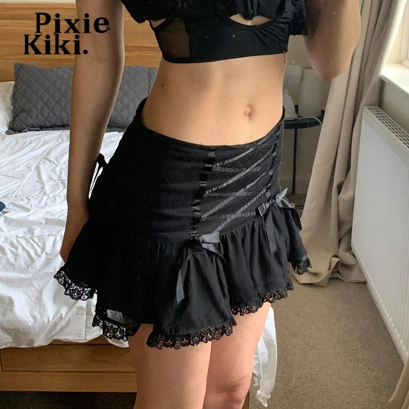 Y2k Emo Bow Lace Up Patchwork Skirt Black Low Rise Pleated Mini Skirts Ballet Core Summer Kawaii Clothes P67-CA13