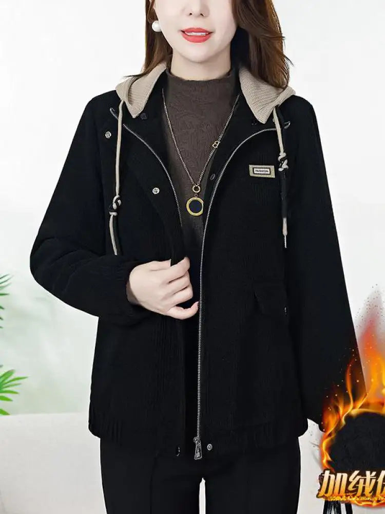 Korean Autumn Winter Black Brown Velvet Thick Zipper Short Coat For Women 2024 Popular Trend Red Loose Casual Hooded Tops Jacket