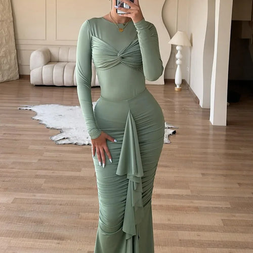 Load image into Gallery viewer, Elegant Long Sleeved Elastic Tight Pleated Party Club Evening Dress Women Fashion Maxi Vestido Autumn Winter New Female
