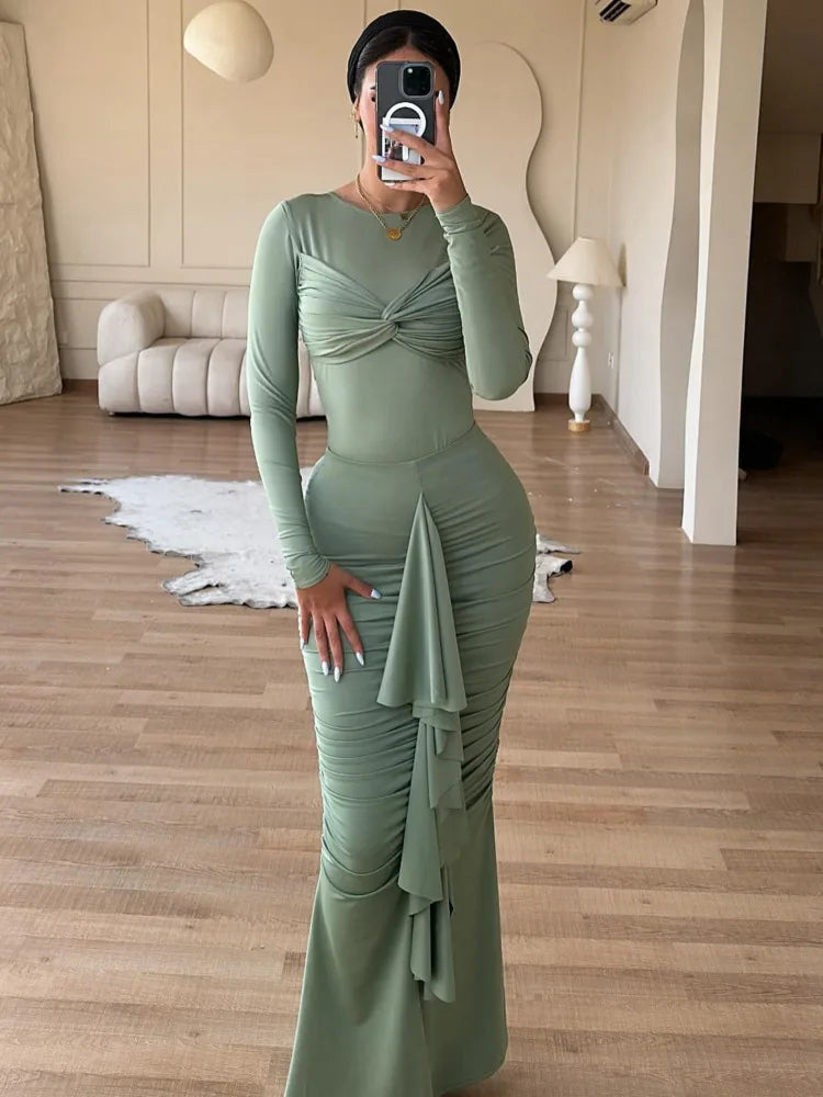 Elegant Long Sleeved Elastic Tight Pleated Party Club Evening Dress Women Fashion Maxi Vestido Autumn Winter New Female