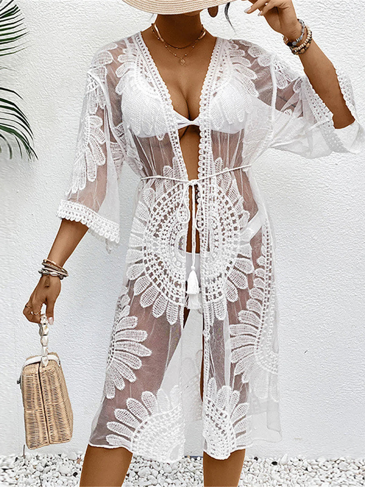 Sexy Embroidery Half Sleeve Chiffon Cardigan Tunic Beach Cover Up Cover-ups Beach Dress Beach Wear Beachwear Female Women V5510