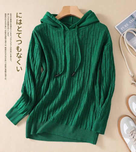 Autumn Winter High Quality Green Long Sleeved Hoodie Tops Women Loose Hooded Knitted Thick Large Size Sweater Casual Simplicity