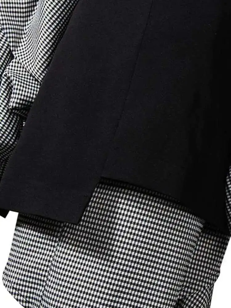 Women Black Plaid Irregular Stitch Big Size Dress New V-Neck Long Sleeve Loose Fit Fashion Tide Spring Autumn 2025 JG892