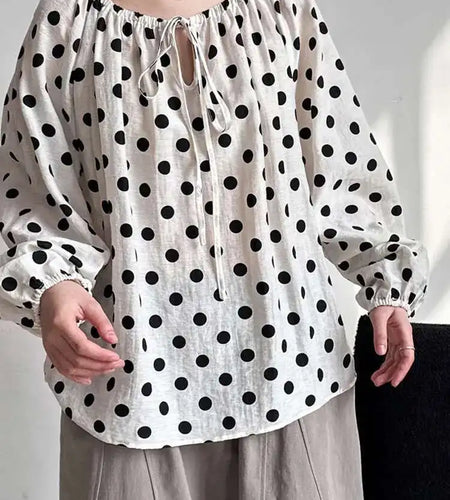 Women Black Dot Printed Big Size Elegant Blouse New Round Neck Long Sleeve Shirt Fashion Tide Spring Autumn 2025 1DH9976