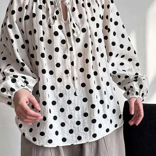 Load image into Gallery viewer, Women Black Dot Printed Big Size Elegant Blouse New Round Neck Long Sleeve Shirt Fashion Tide Spring Autumn 2025 1DH9976
