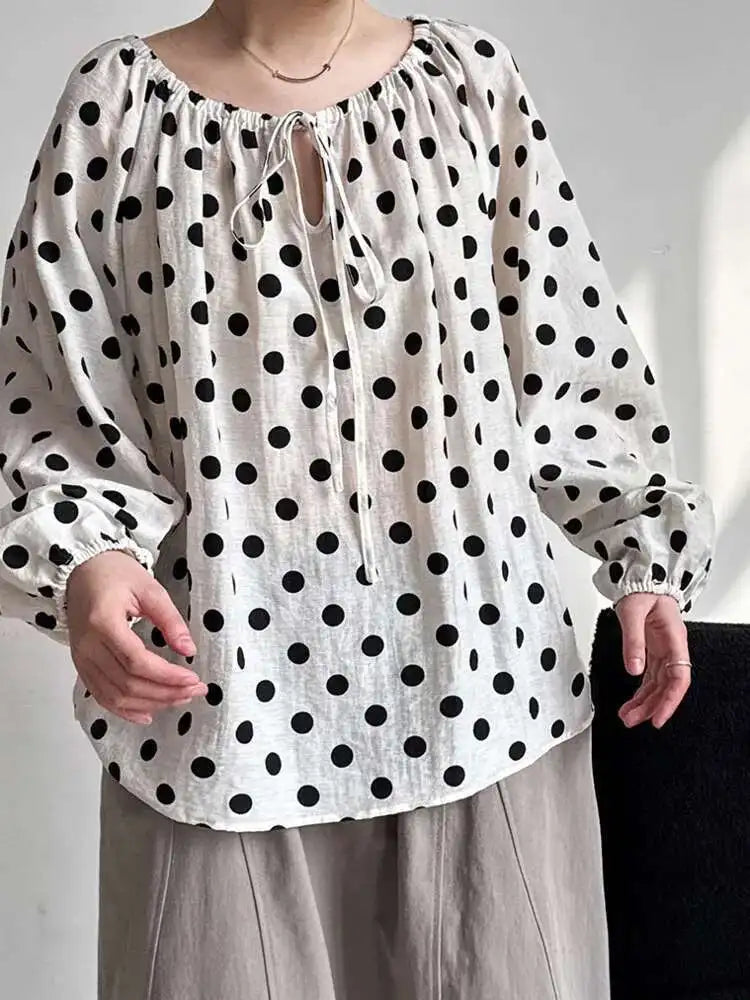 Women Black Dot Printed Big Size Elegant Blouse New Round Neck Long Sleeve Shirt Fashion Tide Spring Autumn 2025 1DH9976