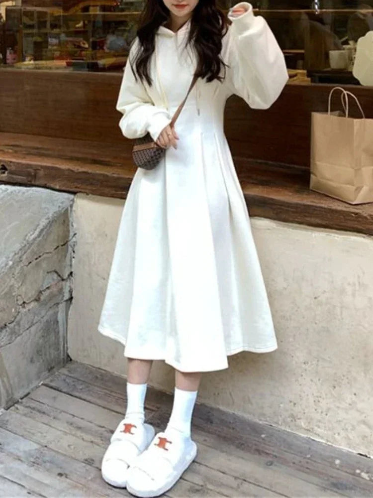 Korean Casual Hooded Dress Women Kpop Streetwear School Student Long Sleeve Midi Dresses Autumn Spring