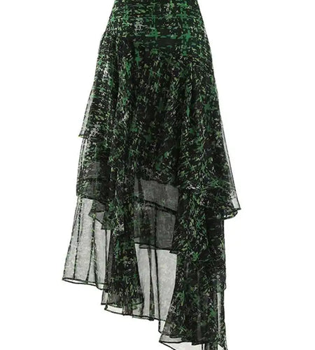 High Waist Green Print Zipper Irregular Mesh Holiday Half-body Skirt Women Fashion Tide New Spring Summer 2025 1DF6554