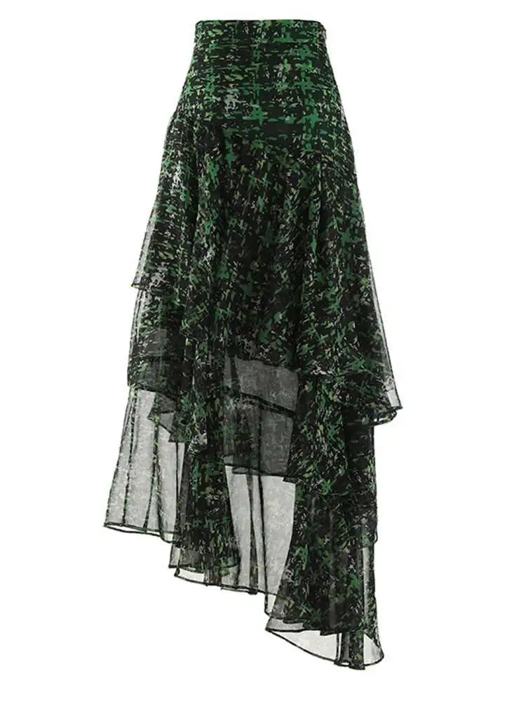 High Waist Green Print Zipper Irregular Mesh Holiday Half-body Skirt Women Fashion Tide New Spring Summer 2025 1DF6554