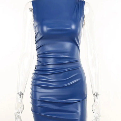 Load image into Gallery viewer, Winter New Sleeveless PU Leather Mini Dress For Women Robe Turtleneck Bodycon Ruched Sexy Short Dress Vestido
