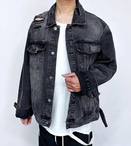 American Denim Jackets Holes Multi Pocket Lapel Solid Color Coats Button 2024 Single Breasted Tops Winter Loose Tide 9C8811