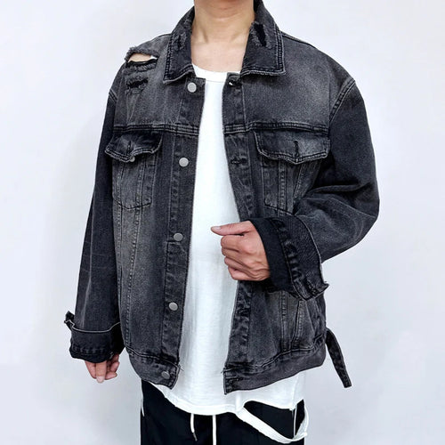 Load image into Gallery viewer, American Denim Jackets Holes Multi Pocket Lapel Solid Color Coats Button 2024 Single Breasted Tops Winter Loose Tide 9C8811
