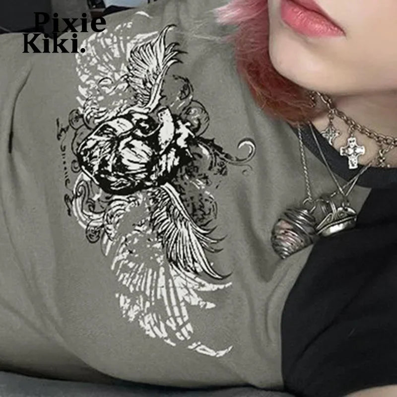 Y2k Tee Shirt Fairy Grunge Wings Print Raglan Sleeves 90s Crop Tops Graphic T Shirts Streetwear Women Vintage P77-AI10