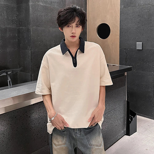Load image into Gallery viewer, Men&#39;s T-shirts Short Sleeve Lapel Trendy Half Zipper New Summer Korean Style Pullover Male Fashionable Clothing 9W1916
