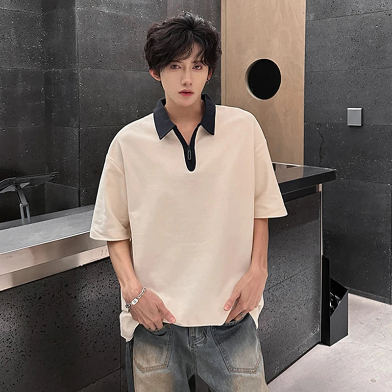 Men's T-shirts Short Sleeve Lapel Trendy Half Zipper New Summer Korean Style Pullover Male Fashionable Clothing 9W1916