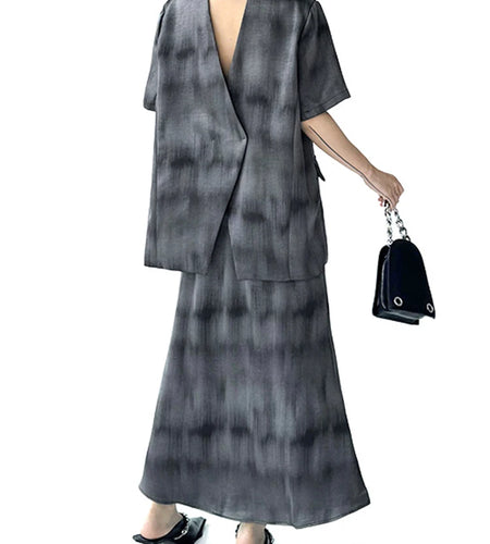 Gray Hollow Out Blazer Half-body Skirt Two Pieces Suit New V-Neck Short Sleeve Women Fashion Spring Autumn 2025 1DJ0789