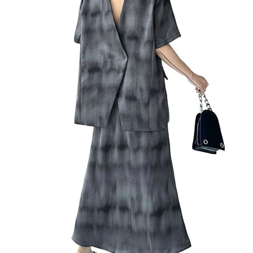 Load image into Gallery viewer, Gray Hollow Out Blazer Half-body Skirt Two Pieces Suit New V-Neck Short Sleeve Women Fashion Spring Autumn 2025 1DJ0789
