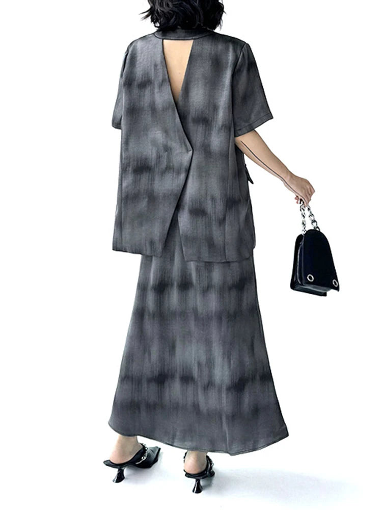 Gray Hollow Out Blazer Half-body Skirt Two Pieces Suit New V-Neck Short Sleeve Women Fashion Spring Autumn 2025 1DJ0789