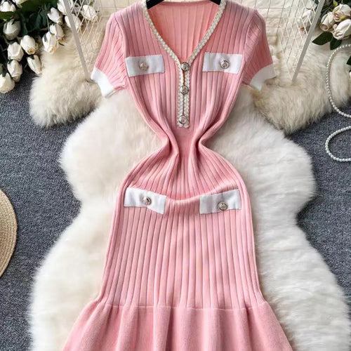 Load image into Gallery viewer, Summer Korean Patchwork V-neck Slim Ruffled Edge Pleated Short Sleeve Midi Dress Women Retro Festival Wrap Hip Knitted Dress Y2k
