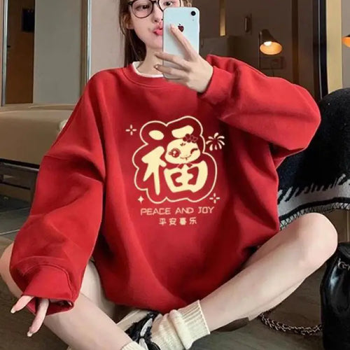 Load image into Gallery viewer, Autumn Winter New Red Print Round Neck Velvet Sweatshirt Thick Korean Women's Loose Long Sleeved Vacation Cotton Tops Clothing
