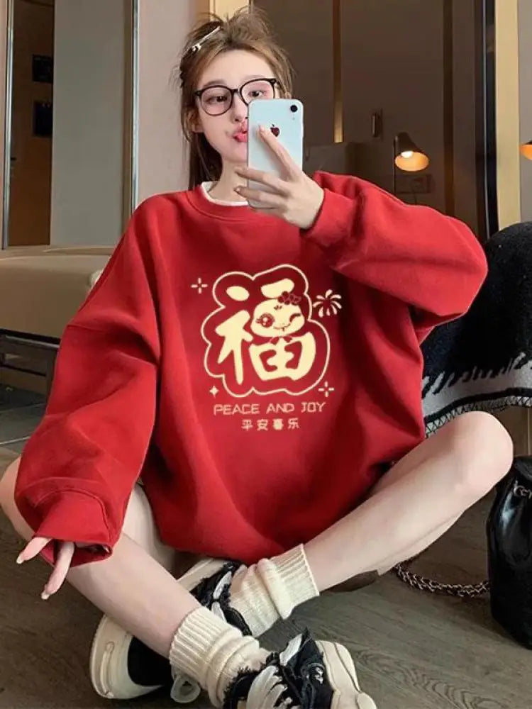 Autumn Winter New Red Print Round Neck Velvet Sweatshirt Thick Korean Women's Loose Long Sleeved Vacation Cotton Tops Clothing