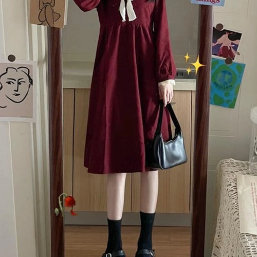 Load image into Gallery viewer, Vintage Preppy Style School Student Dress Red Japanese Harajuku Korean Kpop Sailor Collar Long Sleeve Dresses Autumn
