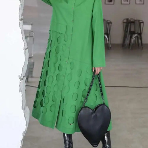 Load image into Gallery viewer, Women Black Hollow Out Big Size Midi Shirt Dress New Lapel Long Sleeve Loose Fit Fashion Tide Spring Autumn 2025 1DF6037
