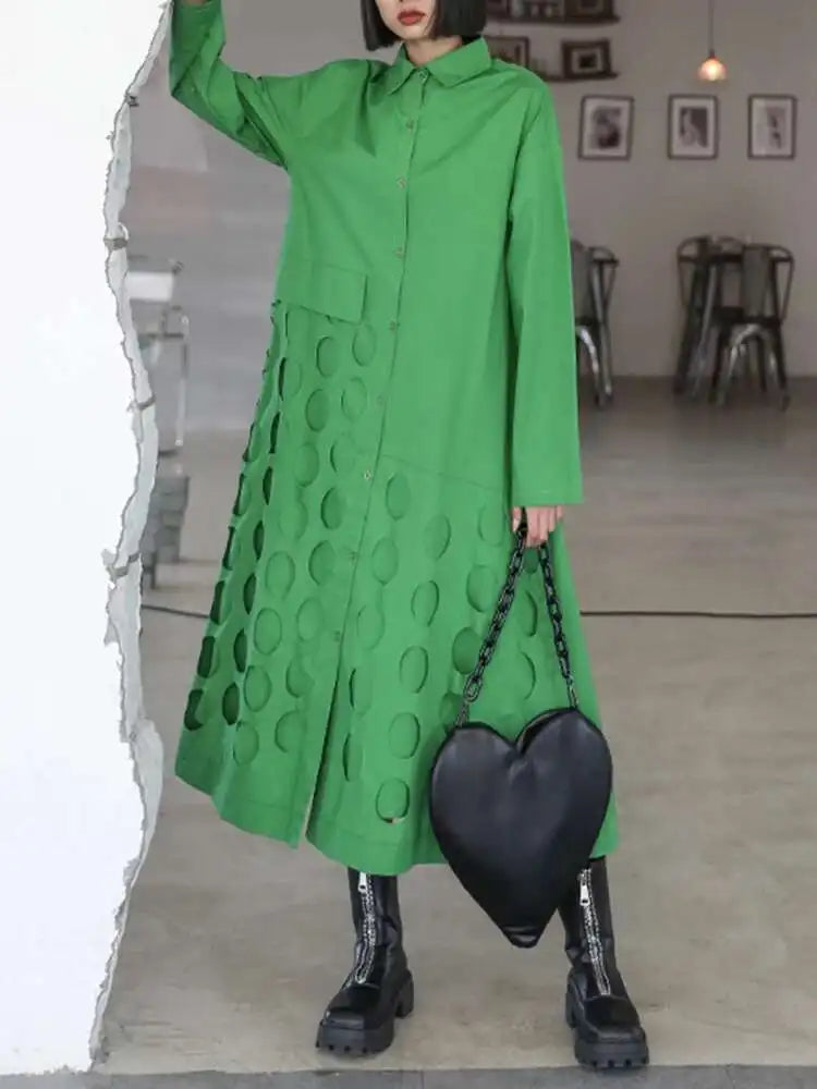 Women Black Hollow Out Big Size Midi Shirt Dress New Lapel Long Sleeve Loose Fit Fashion Tide Spring Autumn 2025 1DF6037