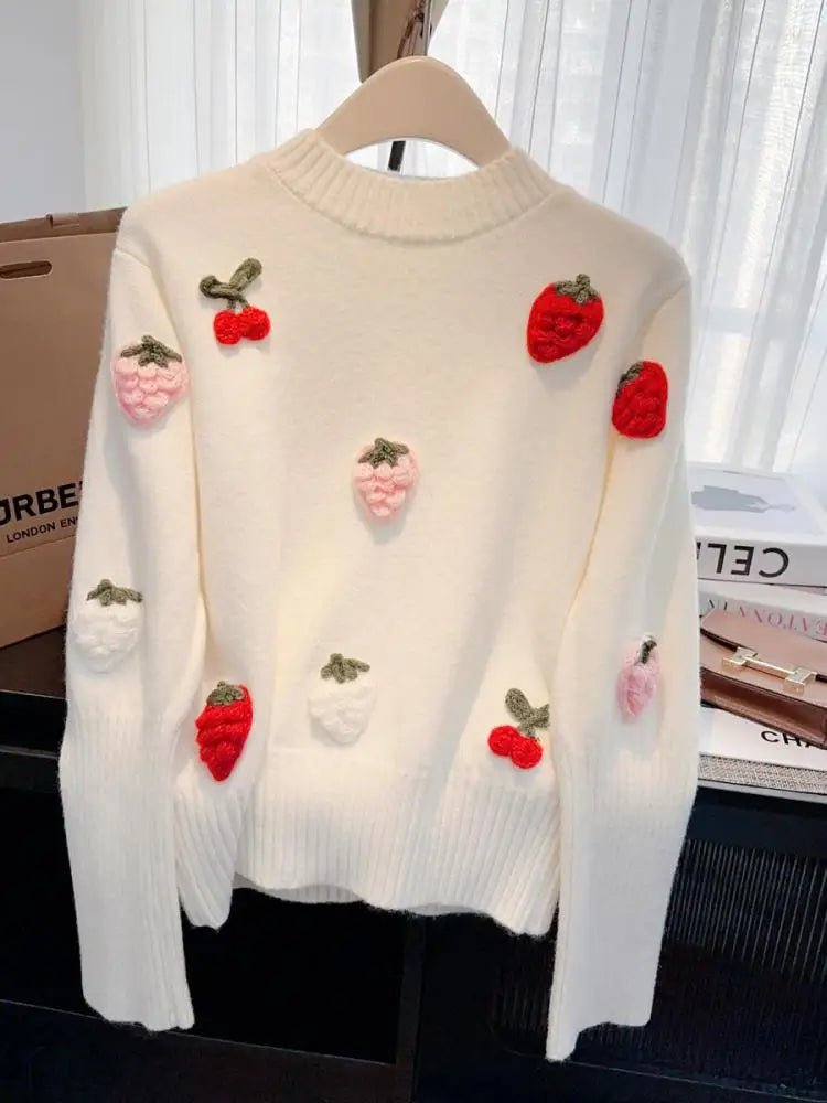 French Vintage Women Sweet Strawberry Embroidered Elegant Long Sleeve Knit Sweater 2024 New Autumn Winter Round Neck Tops Trendy