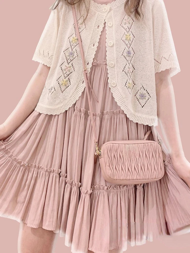 Kawaii Cute Floral Embroidery  Cardigan Women Thin Hollow Out Knitted Cardigans 2025 Summer Sweet O-neck Sweater Loose Tops