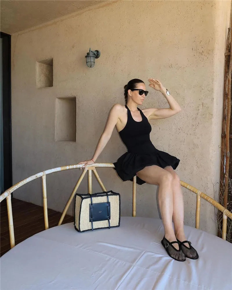 Black Sleeveless Puffy Dress For Women Fashion Round Neck High Waist Backless A-line Loose Sexy Dress Clothes