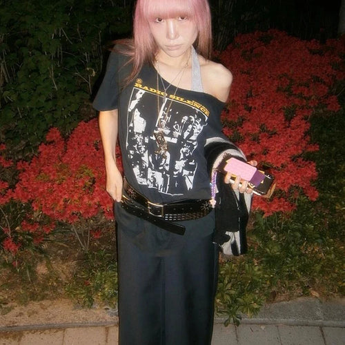 Load image into Gallery viewer, Print Rough Edges t-Shirt Women Slanted Shoulders Skinny Street Simple Classic Summer Trend Leisure Sexy Loose Daily Tops
