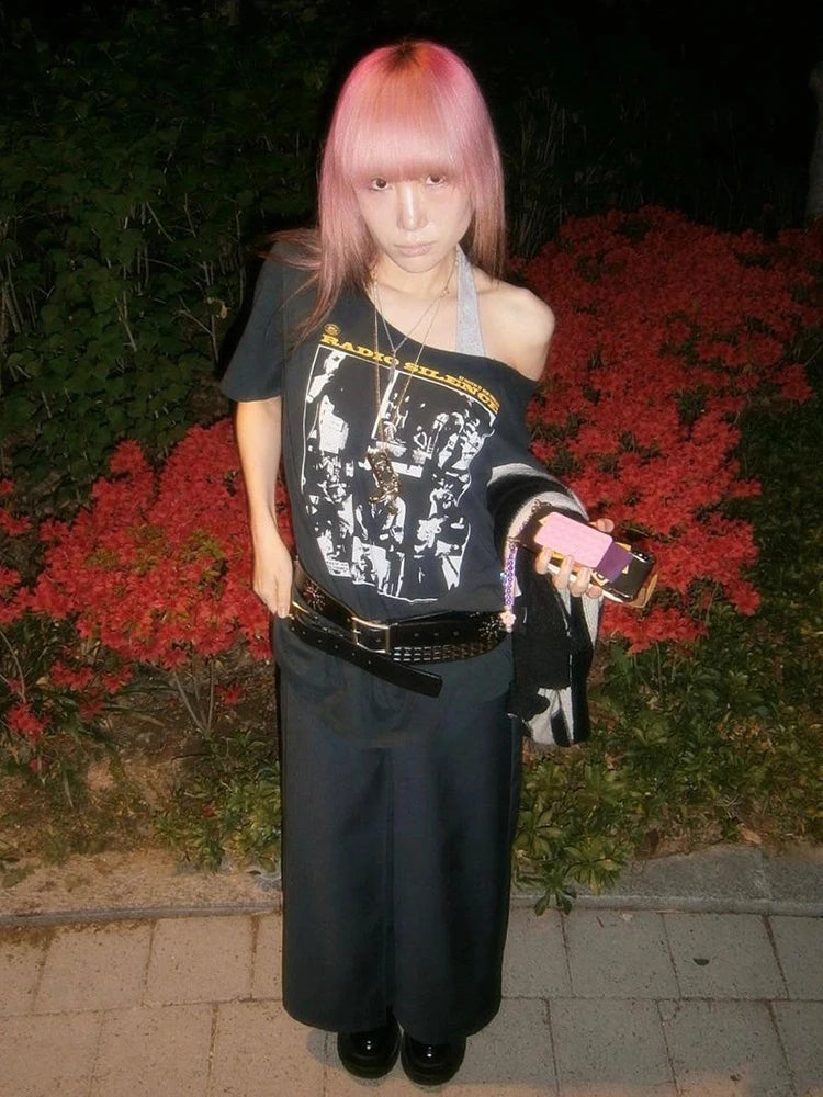 Print Rough Edges t-Shirt Women Slanted Shoulders Skinny Street Simple Classic Summer Trend Leisure Sexy Loose Daily Tops