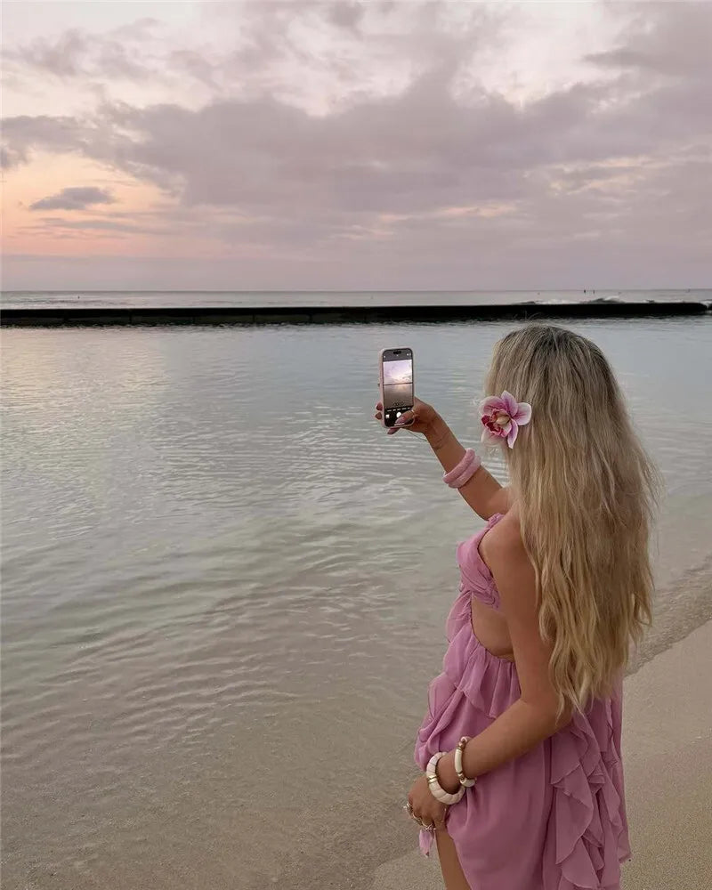 Rose Halter Backless Sexy Mini Dress Women Pink Off-shoulder Strapless Sleeveless High Waist Club Party Beach Dress