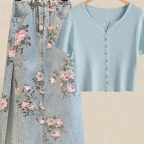 Load image into Gallery viewer, Women Summer Sweet Pink Print Skirts Two Pieces Set Korean Puff Sleeve Bandage Floral Top And Side Split Retro Denim Skirts Sets
