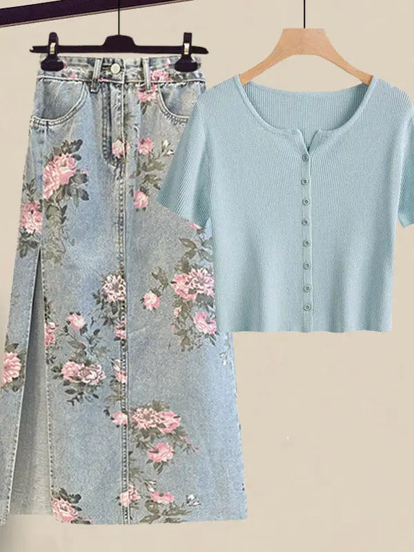 Women Summer Sweet Pink Print Skirts Two Pieces Set Korean Puff Sleeve Bandage Floral Top And Side Split Retro Denim Skirts Sets
